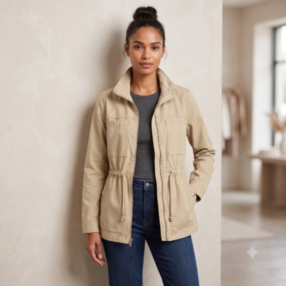 Old Navy Women's Khaki Utility Jacket Size M Drawstring‎ Waist Snap Pockets Zip
